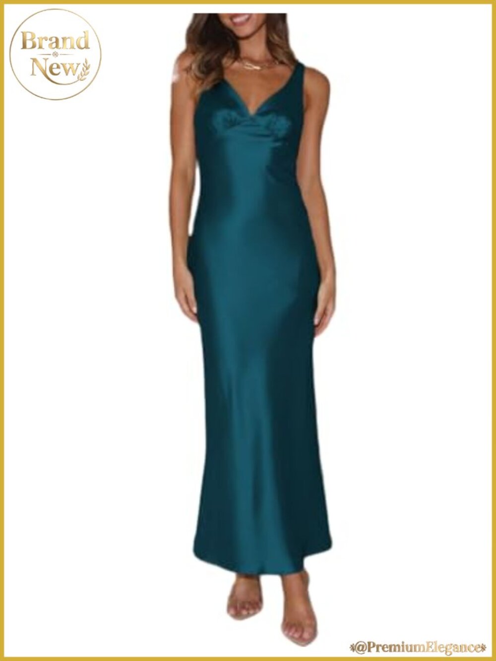 V Neck Backless Maxi Dress Satin Pleated Wedding Guest